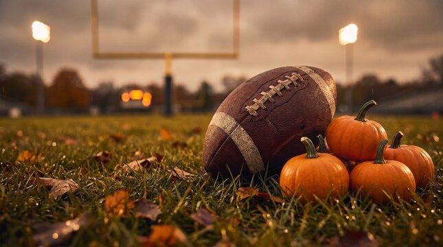 American football resting on grass beside small pumpkins, with a football field goal and stadium lights illuminated in the background, combining seasonal Halloween decor with football themes