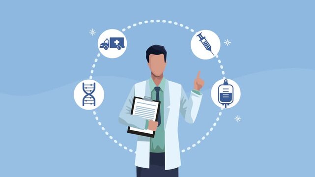 Medical doctor with clipboard, surrounded by animated healthcare icons including DNA, ambulance, syringe, and blood bag.