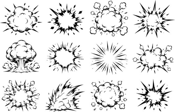 Set of hand drawn comic book explosion effect icons
