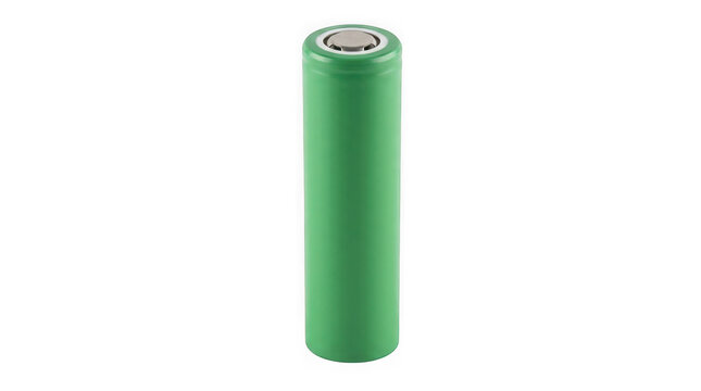 green cylindrical lithium ion battery cell energy storage isolated on transparent background