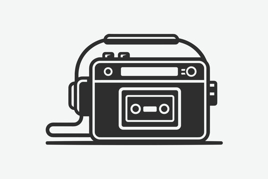 Classic retro portable cassette player with headphones, depicted as a simple black and white vector icon on a grey background.