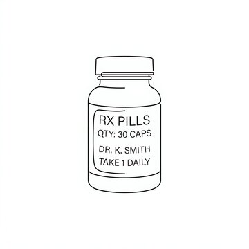RX Pills Bottle Outline Drawing - Prescription Medication Icon with Dosage Details