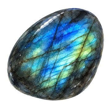 Vibrant watercolor painting of a polished labradorite crystal with blue and green sheen.