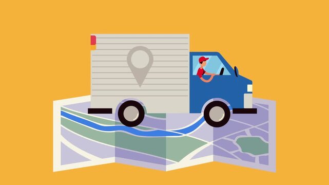 Delivery truck driver moving on navigation map for logistics service concept.