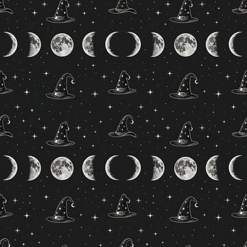 Halloween seamless pattern background with witch hats and moon phases on dark night starry sky