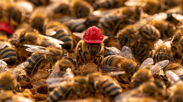 Bienen mit roten Bauarbeiterhelmen auf goldener Honigwabe, witziges Kreativmotiv f&uuml;r Humor, Sicherheit am Arbeitsplatz und Teamwork.