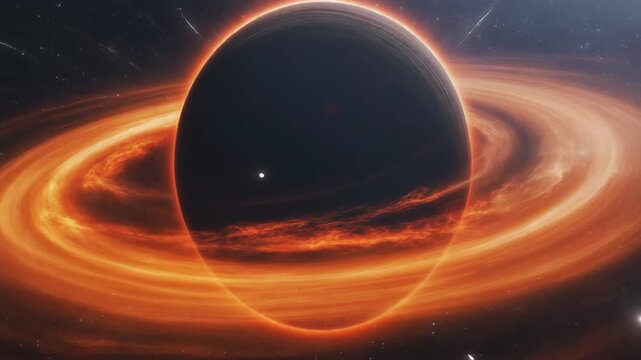 強烈なオレンジ色のプラズマの炎が渦巻くブラックホールの降着円盤（宇宙・天体）
