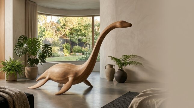 Large Wooden Elasmosaurus Sculpture in Minimalist Japandi Interior