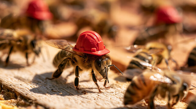 Bienen mit roten Bauarbeiterhelmen auf goldener Honigwabe, witziges Kreativmotiv f&uuml;r Humor, Sicherheit am Arbeitsplatz und Teamwork.