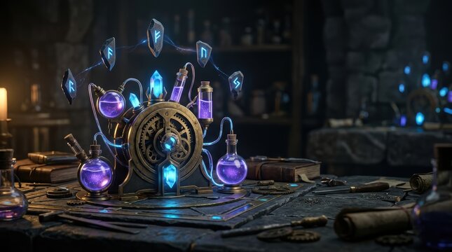 Alchemical laboratory with floating runes, glowing hextech crystals and brass mechanisms in a moody cinematic style.