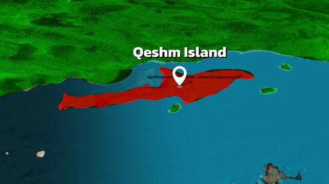 Qeshm Island Animated Map Zoom In View. Qeshm Island highlighted in red with label animation. Strait of Hormuz maritime route map Iran UAE, Bandar Abbas
