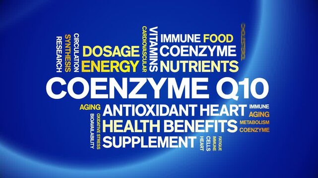 Coenzyme Q10 animated word cloud-CoQ10 text design animation tag kinetic typography seamless loop.