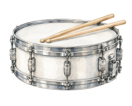 Watercolor illustration of a white snare drum and sticks on white background.