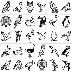 Naklejka premium Vector Bird Line Art Icon Outline - Collection Of Different Wild Birds And Flying Animals Set