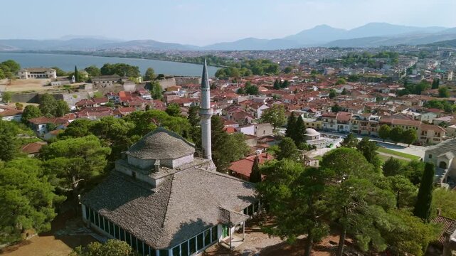 Aerial View of Aslan Pasha Mosque and Lake Pamvotis in Summer, Ioannina, Greece