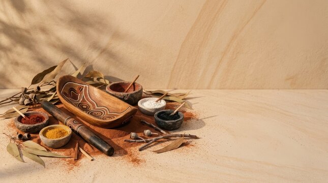Aboriginal artifacts and ochre pigments on sandstone background with copy space