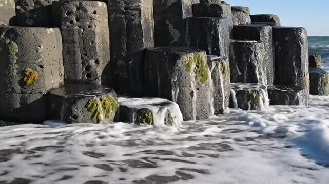 Waves crashing over hexagonal basalt columns on a black sand beach with moss and water flowing down the rocks