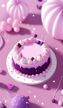 3D overhead view of pink and purple drip birthday cake with white meringue kisses and balloon decorations