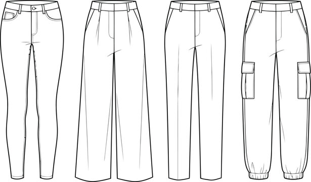Set of four different styles of women trousers and jeans technical fashion sketch drawing with black outlines for clothing design and apparel manufacturing templates