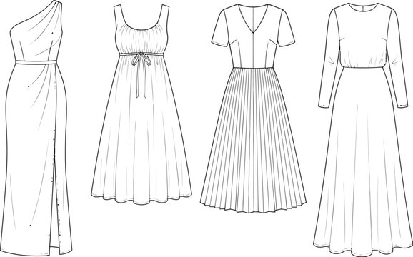 Set of four different women dresses fashion sketches featuring various sleeve lengths and skirt styles for clothing design templates and apparel manufacturing