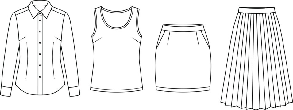 Set of women clothing technical fashion sketches including a button down shirt, a tank top, a mini skirt and a pleated skirt illustrated in black and white line art