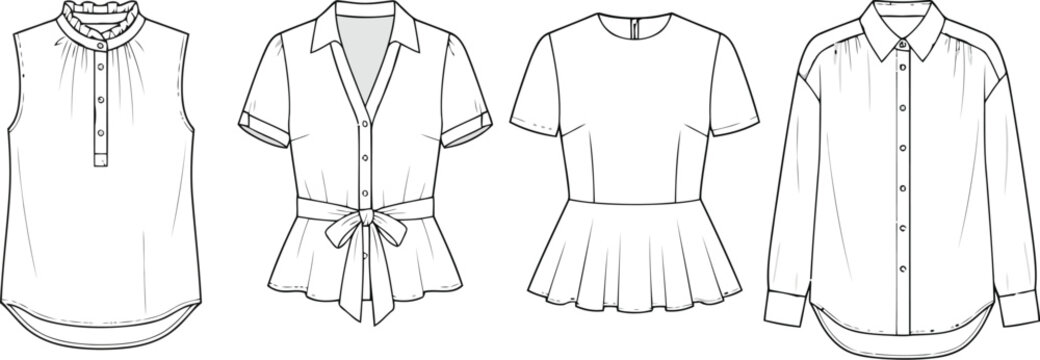 Set of four fashion sketches for women shirts and blouses showing different collar and sleeve styles for professional apparel design and clothing manufacturing