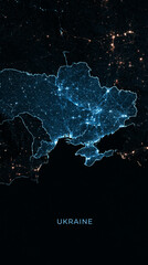 Obraz premium Leuchtende Satellitenansicht der Ukraine bei Nacht mit blauen Lichtern auf schwarzem Hintergrund, moderne Grafik für Digitalmedien