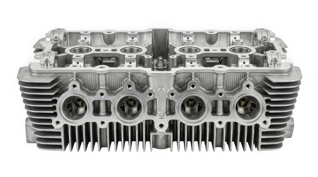bare aluminum automotive engine cylinder head block component isolated on transparent background