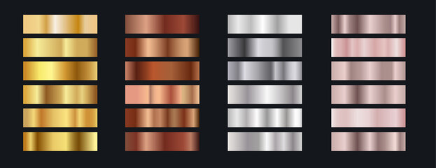 Plakat Metallic gradients collection set, gold, bronze, silver, rose gold metallic swatches for illustrator, shiny texture palette collection on dark background