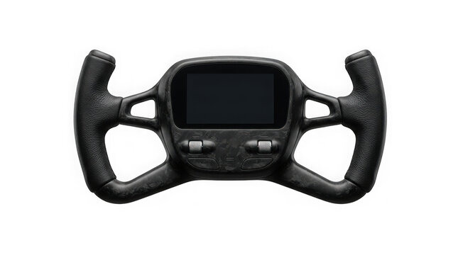 black racing style steering wheel with digital display isolated on transparent background