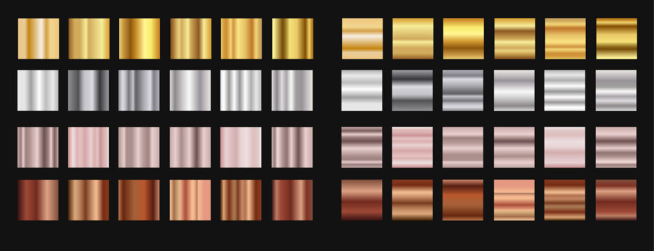 Metallic gradients collection set, gold, bronze, silver, rose gold metallic swatches for illustrator, shiny texture palette collection on dark background