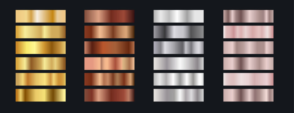 Metallic gradients collection set, gold, bronze, silver, rose gold metallic swatches for illustrator, shiny texture palette collection on dark background