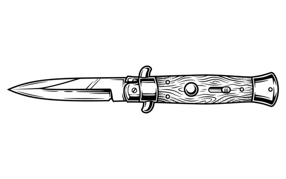 Vintage switchblade knife vector illustration with wood texture handle for outlaw graphic designs.