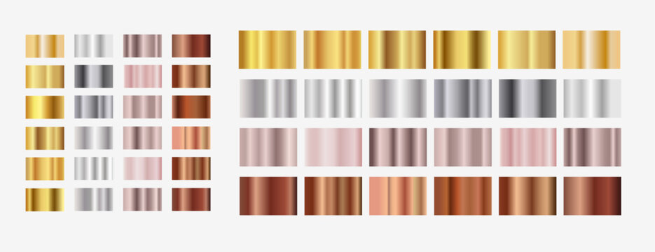 Metallic gradients collection set, gold, bronze, silver, rose gold metallic swatches for illustrator, shiny texture palette collection on dark background