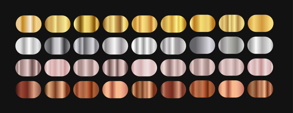 Metallic gradients collection set, gold, bronze, silver, rose gold metallic swatches for illustrator, shiny texture palette collection on dark background