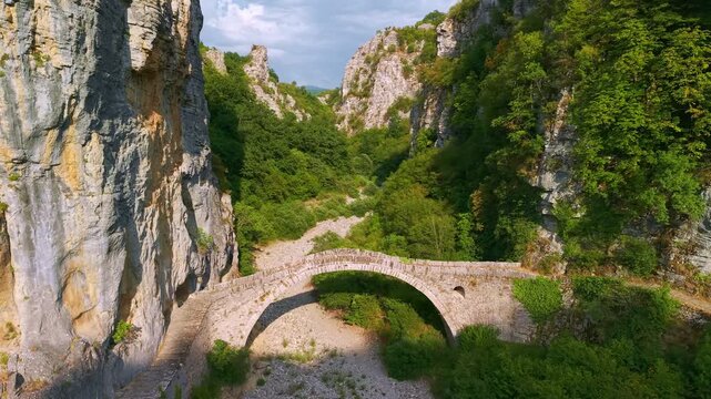 Aerial view of the Kokkorou Stone Bridge in Zagori, Epirus, Greece
