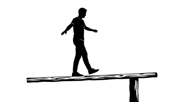 Man silhouette balancing on wooden beam, risk, challenge, courage
