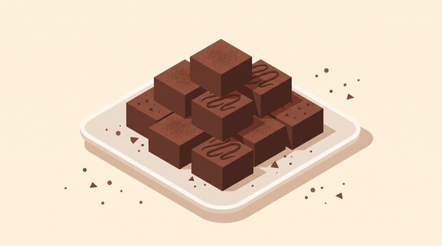Fudgy chocolate brownies arranged on a plate with cocoa flakes and crumbs, warm bakery flat design composition for dessert, baking, and food branding concepts.
