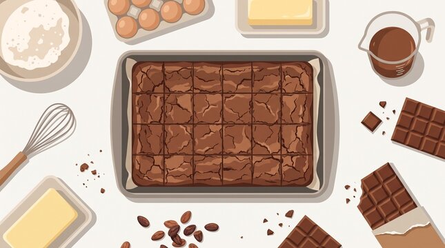 Fresh chocolate brownies surrounded by baking ingredients and kitchen tools, top-view flat design for recipes, baking tutorials, cooking blogs, and culinary branding.