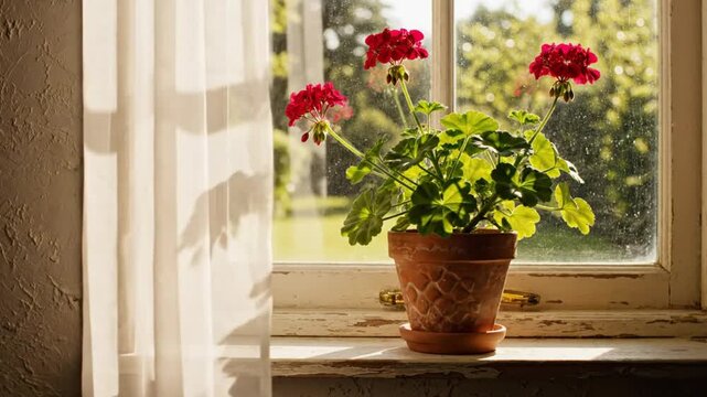 Red geranium in a decorative pot on a sunlit windowsill with soft curtain blowing in the breeze