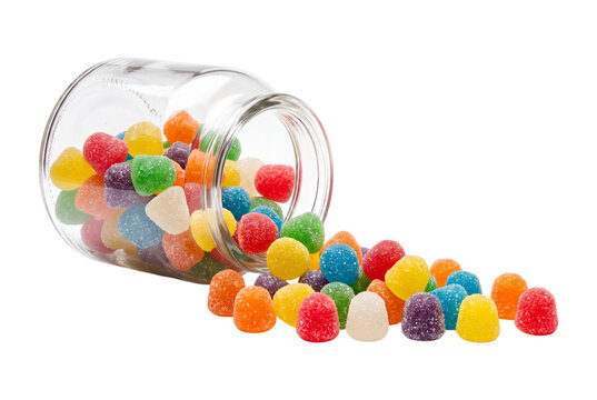 Gumdrops spilling from glass jar isolated on transparent background