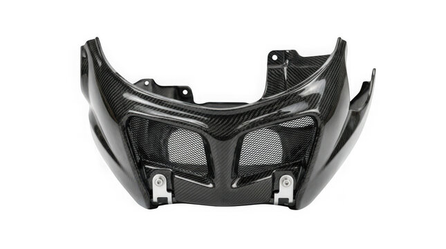 black motorcycle front headlight fairing cowl bodywork part isolated on transparent background