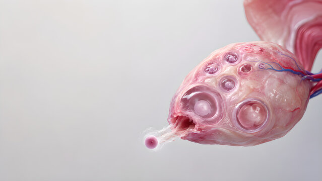 Human ovulation in ovary with mature follicle releasing an egg, photorealistic medical 3D illustration with copy space for fertility healthcare, gynecology education and clinical website banner use