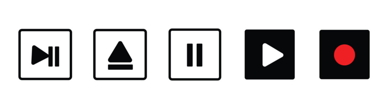 Media player icon set featuring play pause eject record and next track control buttons vector illustration for mobile app user interface design
