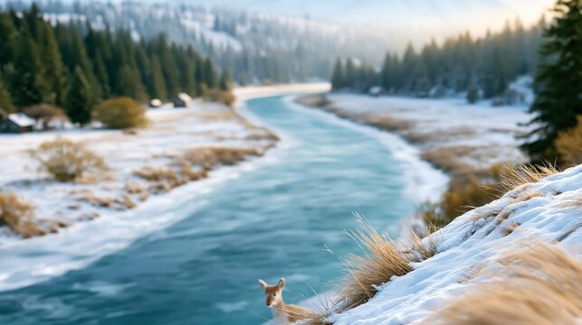 A tranquil winter scene featuring a crystal-clear river winding through snow-covered grassland, evoking a sense of peace and harmony with nature's beauty.