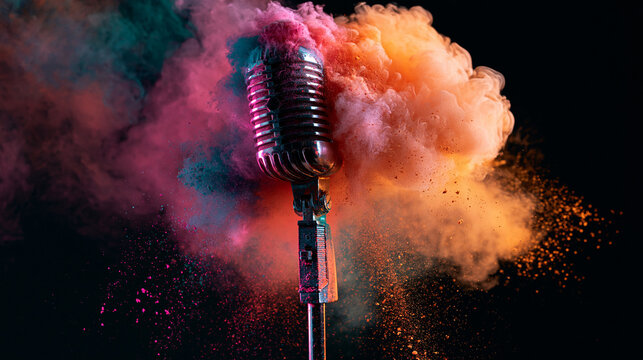 Vintage-Mikrofon mit bunter Farbpulver-Explosion in Pink, Orange und Blau, dunkler Hintergrund, f&uuml;r Musik- und Eventwerbung.