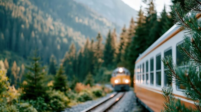 An express train traverses a breathtaking mountainous landscape, embodying adventure and exploration amid lush greenery under a clear blue sky, evoking wanderlust.