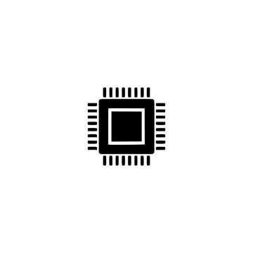 CPU microchip icon. Solid black glyph of a processor chip for computing and hardware.