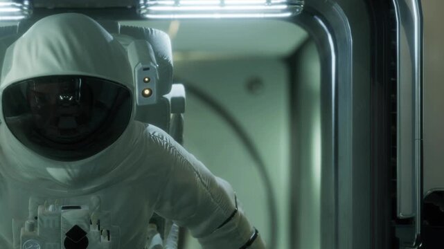 An astronaut in a white space suit moves through the interior of a space station. The astronaut focuses on instruments and equipment. This scene takes place during a mission in low earth orbit.