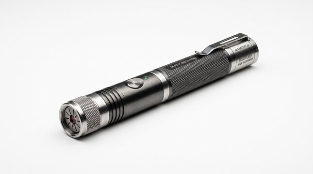 Black Metal LED Flashlight Isolated on White Background for Lighting, Emergency Equipment, Portable Electric Torch, Technology, Power and Outdoor Use